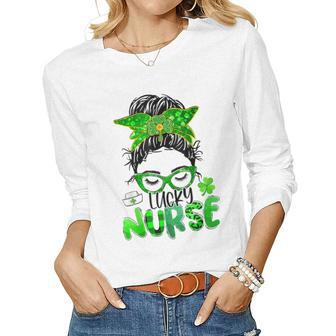 Lucky Nurse St Patricks Day Nurse Shamrock Messy Bun Mom Women Graphic Long Sleeve T-shirt - Seseable