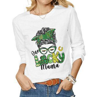 Messy Bun Leopard Green Shamrock Lucky Mama St Patricks Day  Women Graphic Long Sleeve T-shirt