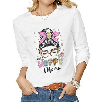 Womens One Hoppy Mama Messy Bun Leopard Happy Easter Mom Women Long Sleeve T-shirt | Mazezy