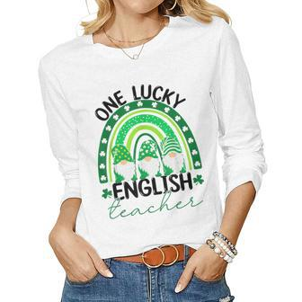 One Lucky English Teacher Gnomes St Patricks Day Rainbow Women Graphic Long Sleeve T-shirt - Seseable