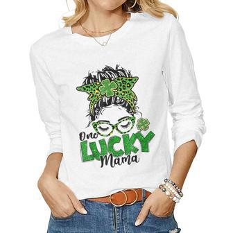 One Lucky Mama St Patricks Day Messy Bun Leopard Bandana Women Long Sleeve T-shirt | Mazezy
