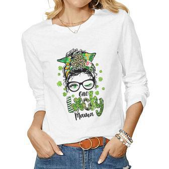 One Lucky Mama St Patricks Day Messy Bun Leopard Bandana Women Graphic Long Sleeve T-shirt - Seseable