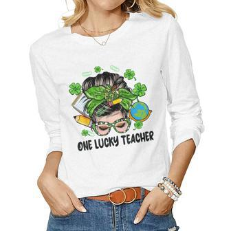 One Lucky Teacher Afro Messy Bun Patricks Day Shamrock Women Graphic Long Sleeve T-shirt - Seseable