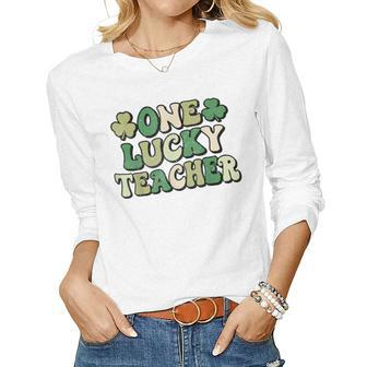 One Lucky Teacher Groovy Retro Teacher St Patricks Day Women Long Sleeve T-shirt | Mazezy