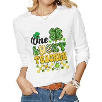 One Lucky Teacher Groovy Shamrock Happy St Patricks Day Women Graphic Long Sleeve T-shirt - Seseable