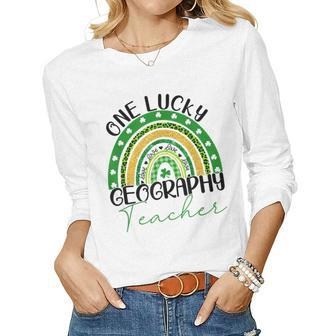 One Lucky Teacher Rainbow St Patricks Day Geography Teacher Women Graphic Long Sleeve T-shirt - Seseable