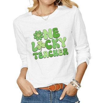 One Lucky Teacher Retro Groovy Shamrock St Patricks Day Women Graphic Long Sleeve T-shirt - Thegiftio UK