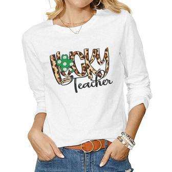 One Lucky Teacher Shamrock Clover Leopard St Patricks Day Women Graphic Long Sleeve T-shirt - Seseable
