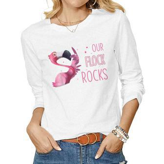 Our Flock Rocks Flamingo Mothers Day Funny Gift Women Graphic Long Sleeve T-shirt - Thegiftio UK