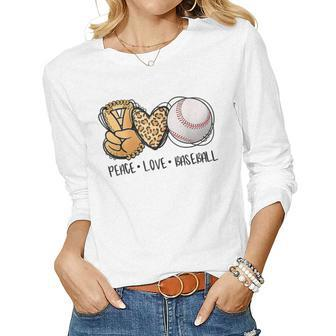 Peace Love Baseball Mom Leopard Print Cheetah Pattern Women Long Sleeve T-shirt | Mazezy