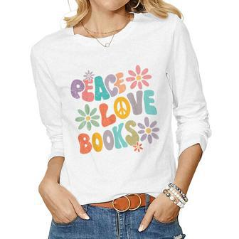 Peace Love Books Groovy Bookworm Book Nerd Reading Teacher Women Graphic Long Sleeve T-shirt - Thegiftio UK
