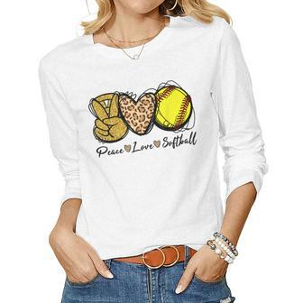Peace Love Softball Leopard Softball Player Girl Mothers Day Women Graphic Long Sleeve T-shirt - Thegiftio UK