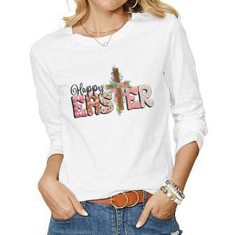 Plaid Happy Easter Bunny Ears Cross Cute Religious Christian Women Long Sleeve T-shirt | Mazezy