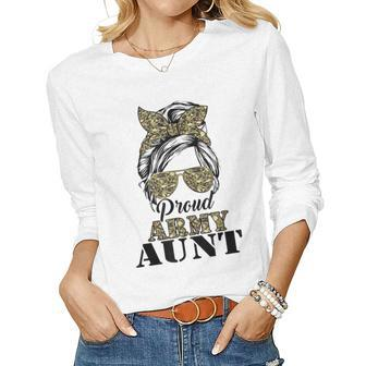 Proud Army Aunt Camouflage Messy Bun Soldier Mothers Day Women Graphic Long Sleeve T-shirt - Seseable