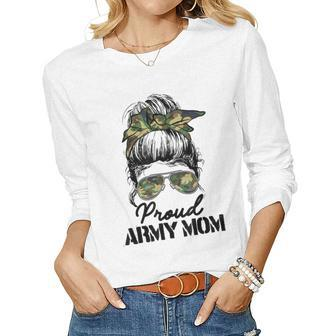 Proud Army Mom Camouflage Messy Bun Soldier Women Long Sleeve T-shirt | Mazezy