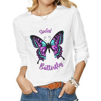 Purple And Blue Social Butterfly Women Long Sleeve T-shirt | Mazezy