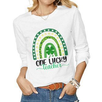 Rainbow Leopard One Lucky Teacher St Patricks Day Shamrock Women Graphic Long Sleeve T-shirt - Seseable