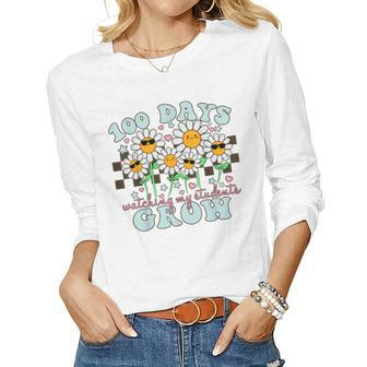 Retro Groovy 100 Days Of Watching My Students Grow Teacher V2 Women Graphic Long Sleeve T-shirt - Seseable