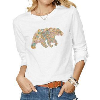 Retro Groovy Floral Bear Spring Nature Bear Lovers Women Women Graphic Long Sleeve T-shirt - Seseable