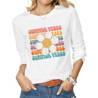 Retro Groovy Summer Vibes Party Daisy Flower Vacation Women Long Sleeve T-shirt | Mazezy