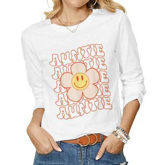 Retro Happy Face Aunt Auntie Groovy Daisy Flower Smile Face Women Graphic Long Sleeve T-shirt - Seseable