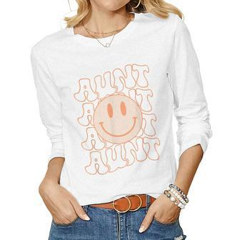 Retro Happy Face Aunt Groovy Smile Face Funny Auntie Gifts Women Graphic Long Sleeve T-shirt - Seseable