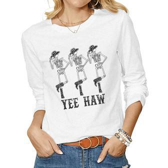 Retro Yee Haw Skeleton Cowgirl Dancing Cowboy Boots Horse Women Long Sleeve T-shirt | Mazezy