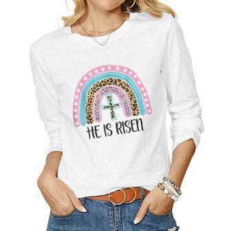 He Is Risen Bible Jesus Resurrection Easter Rainbow Leopard Women Long Sleeve T-shirt | Mazezy