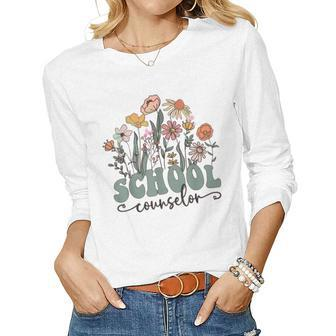 School Counselor Flower Groovy Retro Vintage Back To School Women Graphic Long Sleeve T-shirt - Seseable