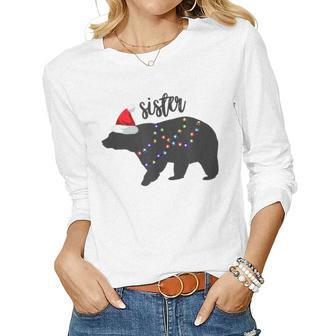 Sister Bear Santa Hat Christmas Pajamas Group Family Lights Women Long Sleeve T-shirt | Mazezy