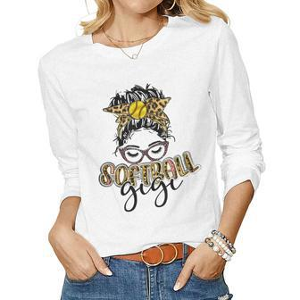 Softball Gigi Life Leopard Messy Bun Game Day Mothers Day Women Graphic Long Sleeve T-shirt - Thegiftio UK