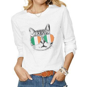 St Patricks Day T Cat Irish Flag Ireland Men Women Women Graphic Long Sleeve T-shirt - Thegiftio UK