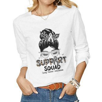 Support Squad Messy Bun Butterfly White Ribbon Lung Cancer Women Long Sleeve T-shirt | Mazezy