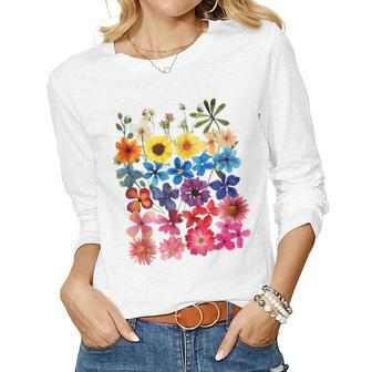 Vintage Pressed Flowers Plant Botanical Garden Wildflower Women Graphic Long Sleeve T-shirt - Seseable