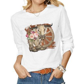 Westen Boho Cow Bull Skull Cowboy Boots Cowgirl Rodeo Girl Women Long Sleeve T-shirt | Mazezy