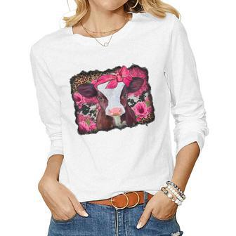 Western Baby Cow With Pink Leopard Flower Cow Lover Women Graphic Long Sleeve T-shirt - Seseable