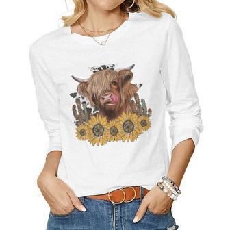 Western Highland Cow With Sunflower And Cactus Leopard Cow Women Long Sleeve T-shirt | Mazezy