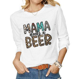Western Mom Mama Leopard Cowhide Mama Need A Beer Women Graphic Long Sleeve T-shirt - Seseable