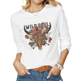 Wild Soul Leopard Cow Skull Bull Skull Flower Western Lover Women Long Sleeve T-shirt | Mazezy