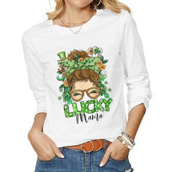 Womens One Lucky Mama St Patricks Day Mom Mother Shamrock  Women Graphic Long Sleeve T-shirt