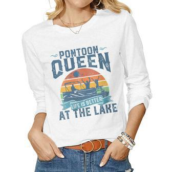 Womens Pontoon Queen Funny Boating Lake Pontooning Womens Boat Gift Women Graphic Long Sleeve T-shirt - Seseable