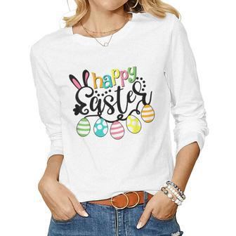 Womens Womens Happy Easter Day Egg Basket Rabbit Riding V2 Women Graphic Long Sleeve T-shirt - Seseable