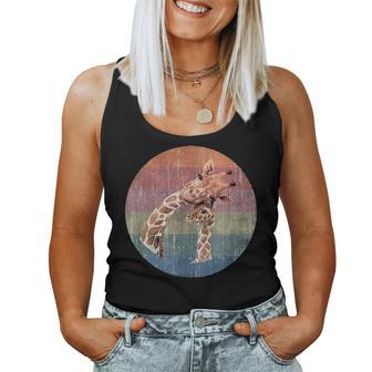 African Giraffe Mom And Baby Watercolor On Distressed Sunset Women Tank Top Basic Casual Daily Weekend Graphic - Seseable