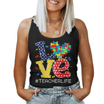 Autism Awareness Month Love Heart Puzzle Piece Teacher Life Women Tank Top Basic Casual Daily Weekend Graphic - Seseable