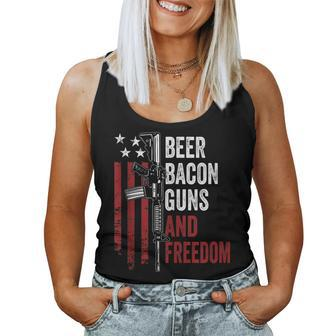 Beer Bacon Guns & Freedom - Funny Bbq Gun Usa Flag Drinking Women Tank Top Basic Casual Daily Weekend Graphic - Seseable
