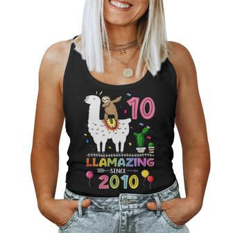 Cute 10Th Birthday Gift Sloth And Llama Llamazing Since 2010 Women Tank Top Basic Casual Daily Weekend Graphic - Seseable
