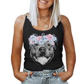 Cute Pitbull Face Floral Watercolor Flower Pittie Mom Gift Women Tank Top Basic Casual Daily Weekend Graphic - Seseable