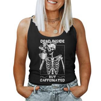 Dead Inside But Caffeinated Skeleton Drinking Coffee Funny Women Tank Top Basic Casual Daily Weekend Graphic - Seseable