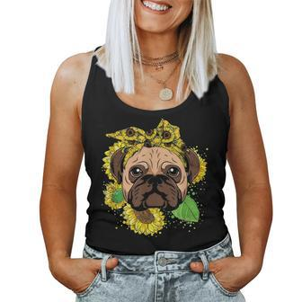 Funny Pug Dog Mom Sunflower Head Bandana Womens Girls Gift Women Tank Top Basic Casual Daily Weekend Graphic - Seseable