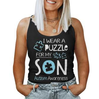 I Wear A Blue Puzzle For My Son Autism Aware Month Mom Dad Women Tank Top Basic Casual Daily Weekend Graphic - Seseable